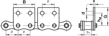 Rollenkette 08B-1 mit eins. Mitnehmer, breit, 2 Loch