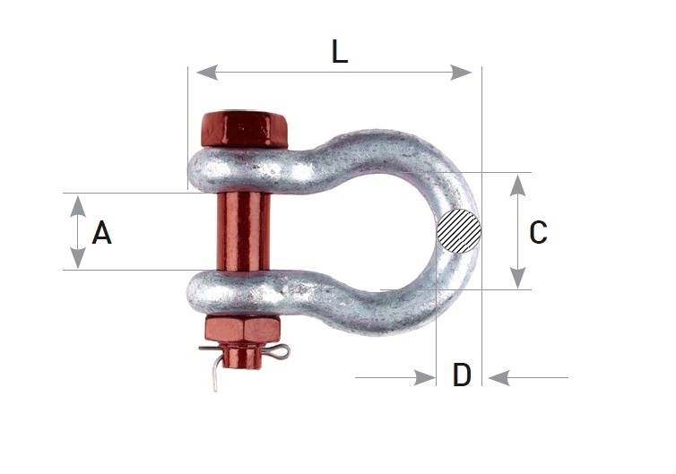 hochfester Bogenschäkel Ø 22 mm feuerverzinkt mit rotem Sicherungsbolzen und Mutter